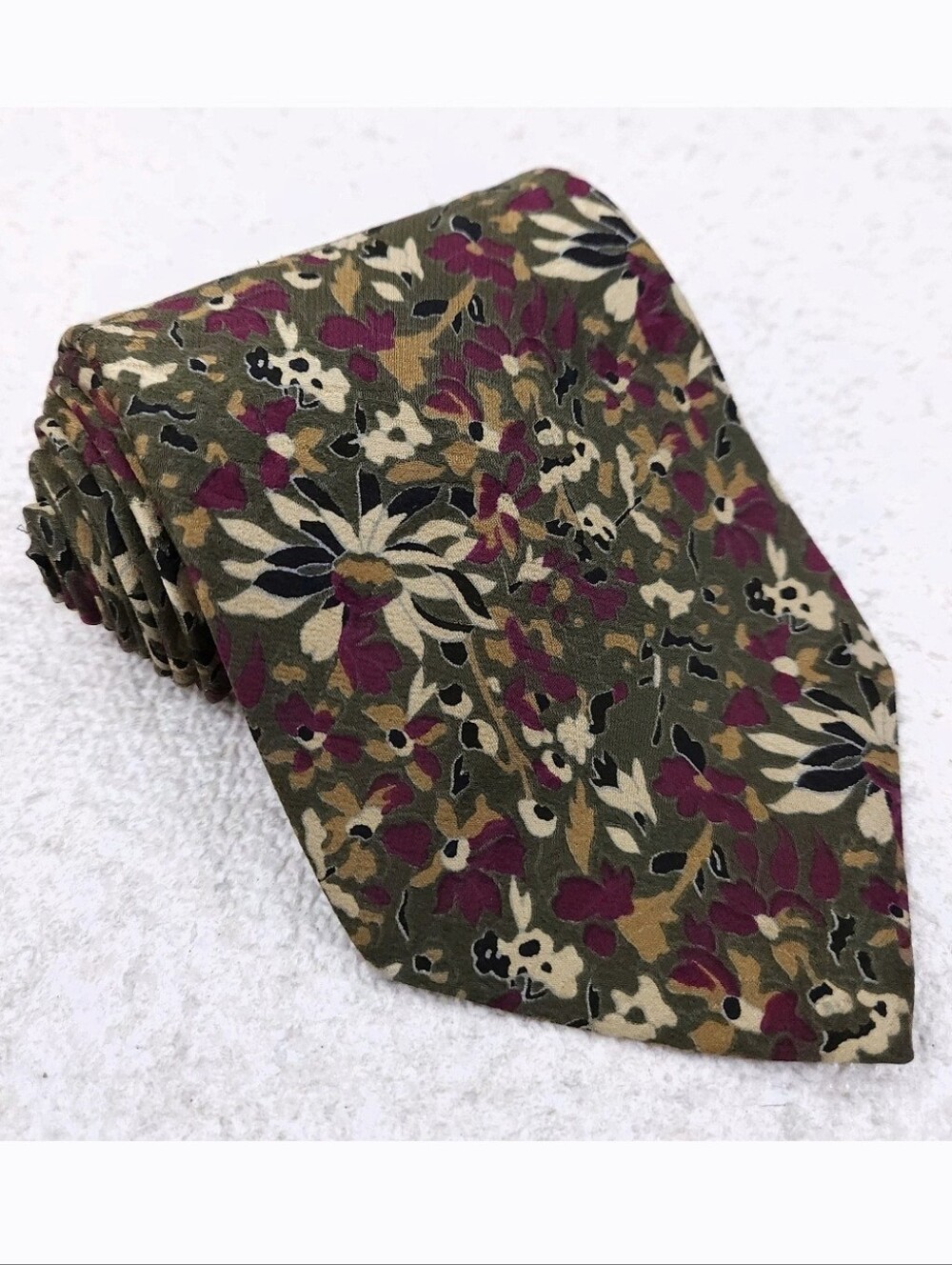 NORDSTROM Silk Tie Floral Green Purple Beige Hand Sewn ITALY 57" x 4"